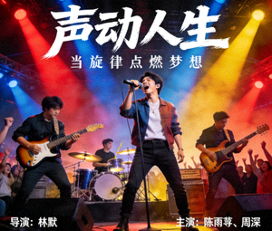 音乐剧情电影海报，乐队演出场景